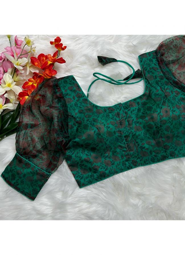 Organza Green Party Wear Digital Printed Blouse